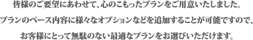 皆様のご要望にあわせて心のこもったプランをご用意しました。プランのベースに様々なオプションなどを追加することが可能ですのでお客様にとって無駄のない最適なプランをお選びいただけます。